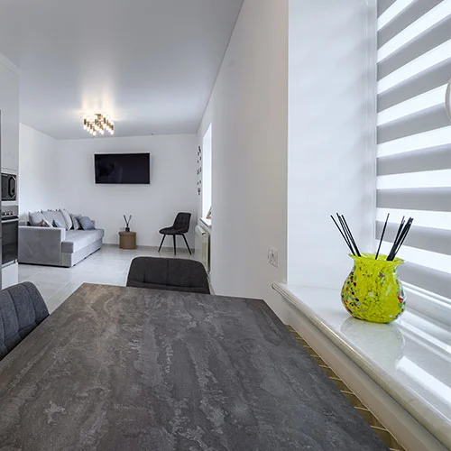 Blackout Zebra Shades in Kitchen