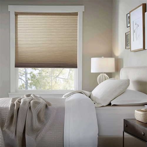 Motorized Cellular Shades - Antique Linen Bedroom