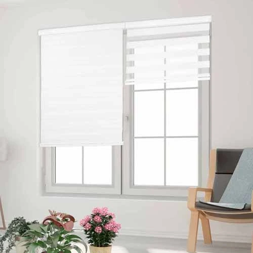 Zebra Light Filtering Roller Shades Bedroom Open 